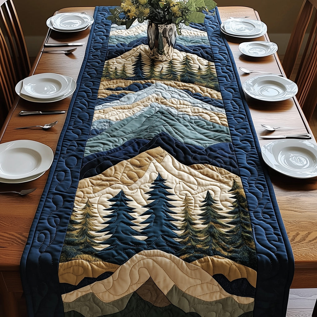 Blue Mountains Behind Dark Pines Table Runner
