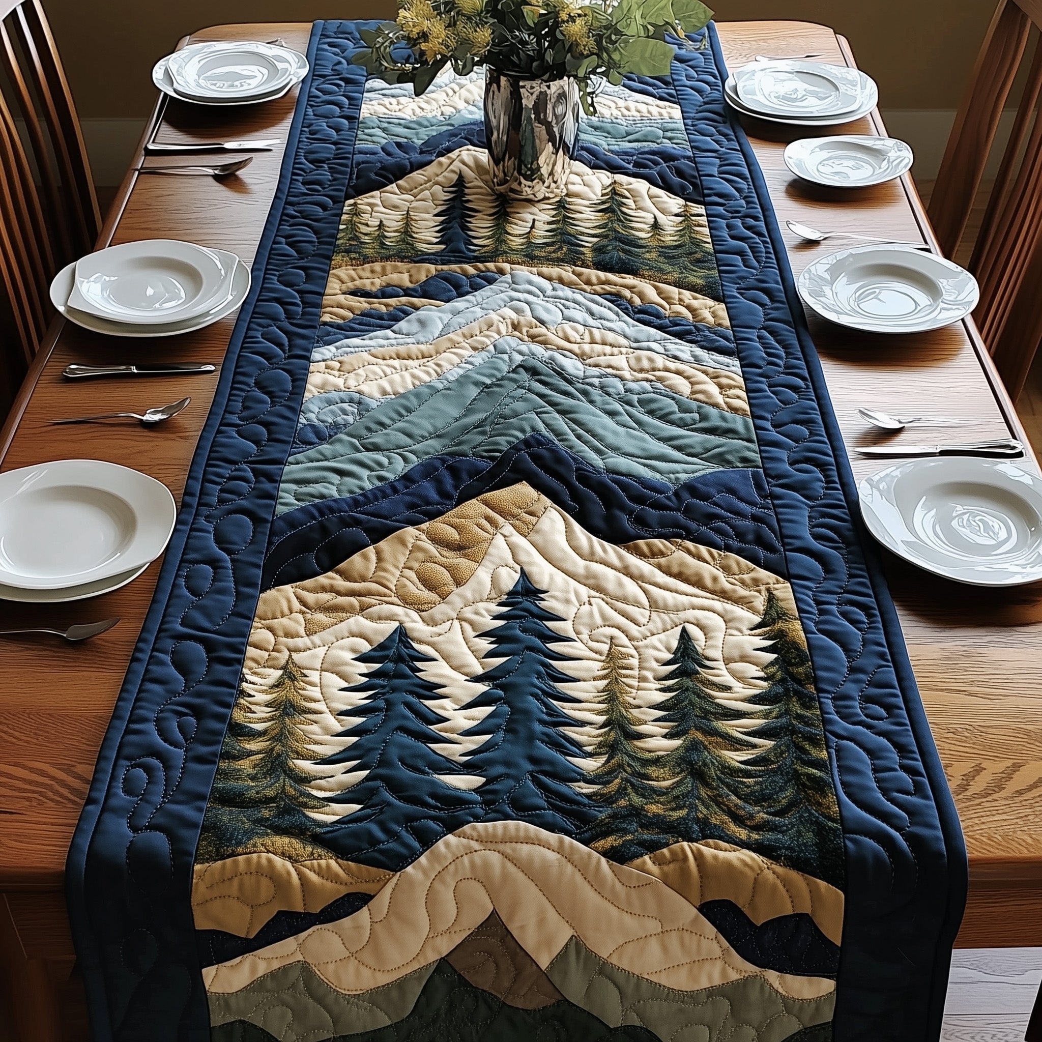 Blue Mountains Behind Dark Pines Table Runner