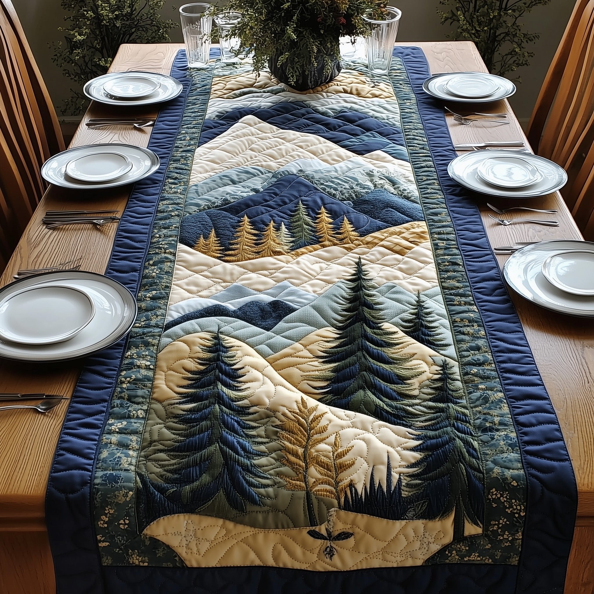 Blue Forest Beside a River Table Runner