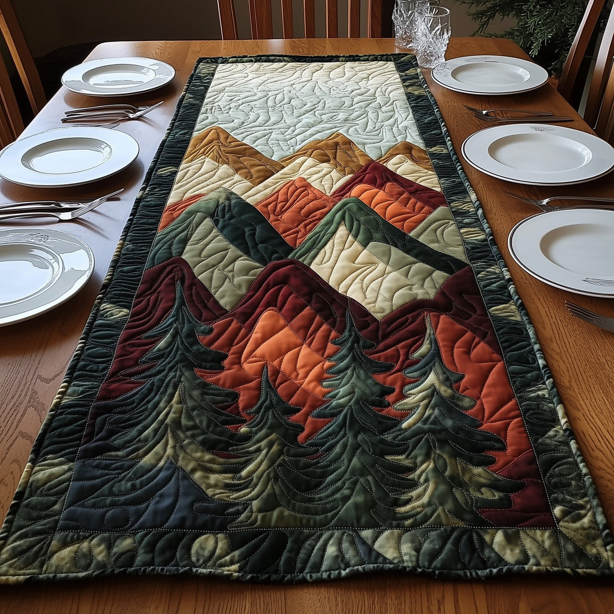 Orange Summits over Dark Firs Table Runner