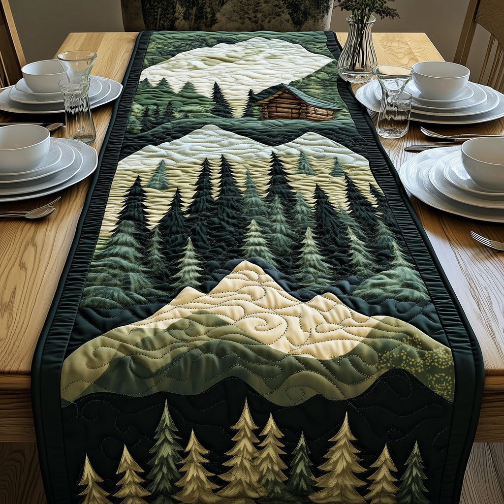 Green Pines Before Mountain Range Table Runner