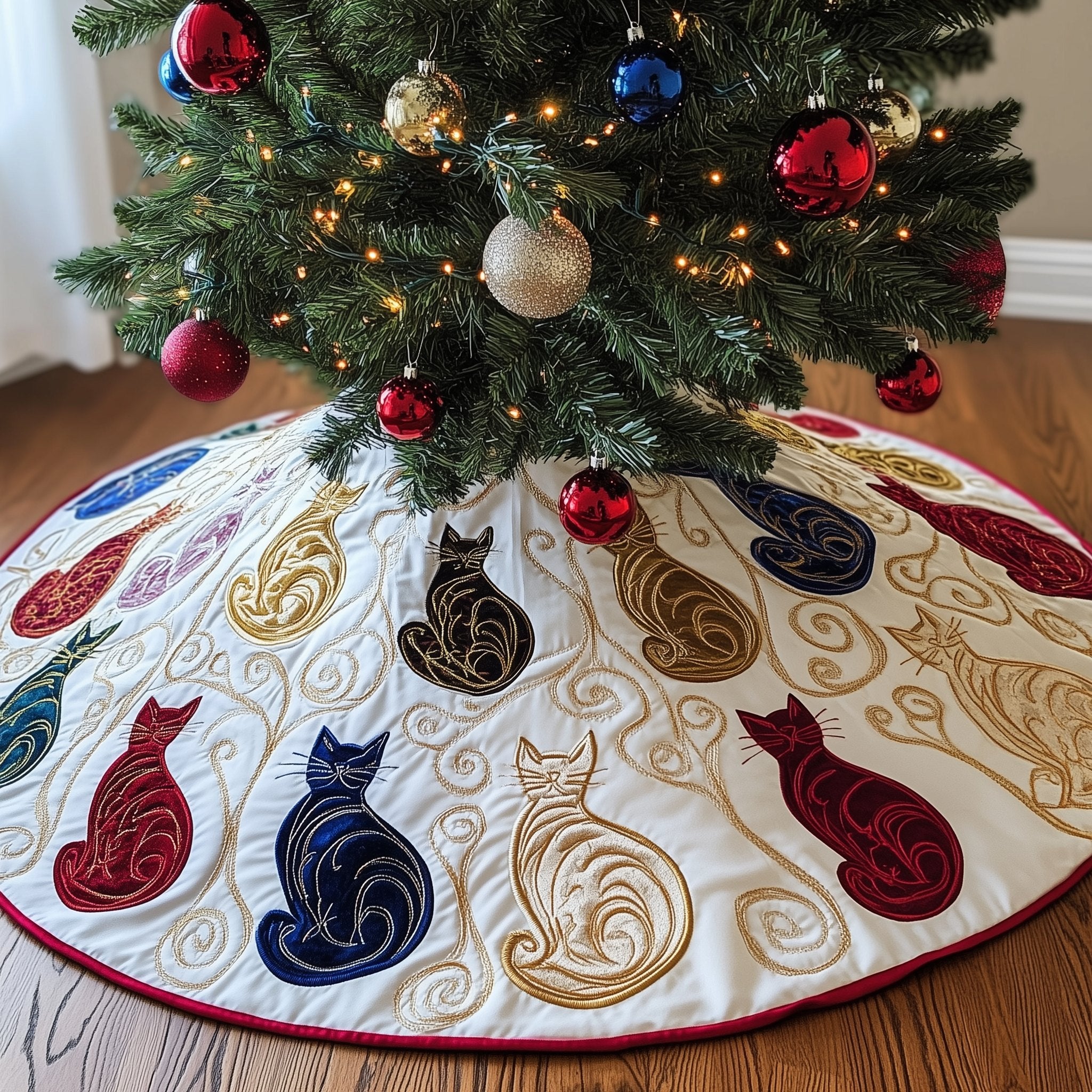Swirl Cats on White with Gold Christmas Tree Skirt
