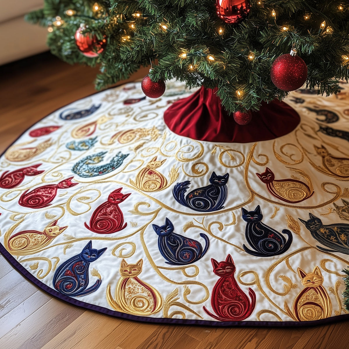 Small Swirl Cats Scattered on White Christmas Tree Skirt