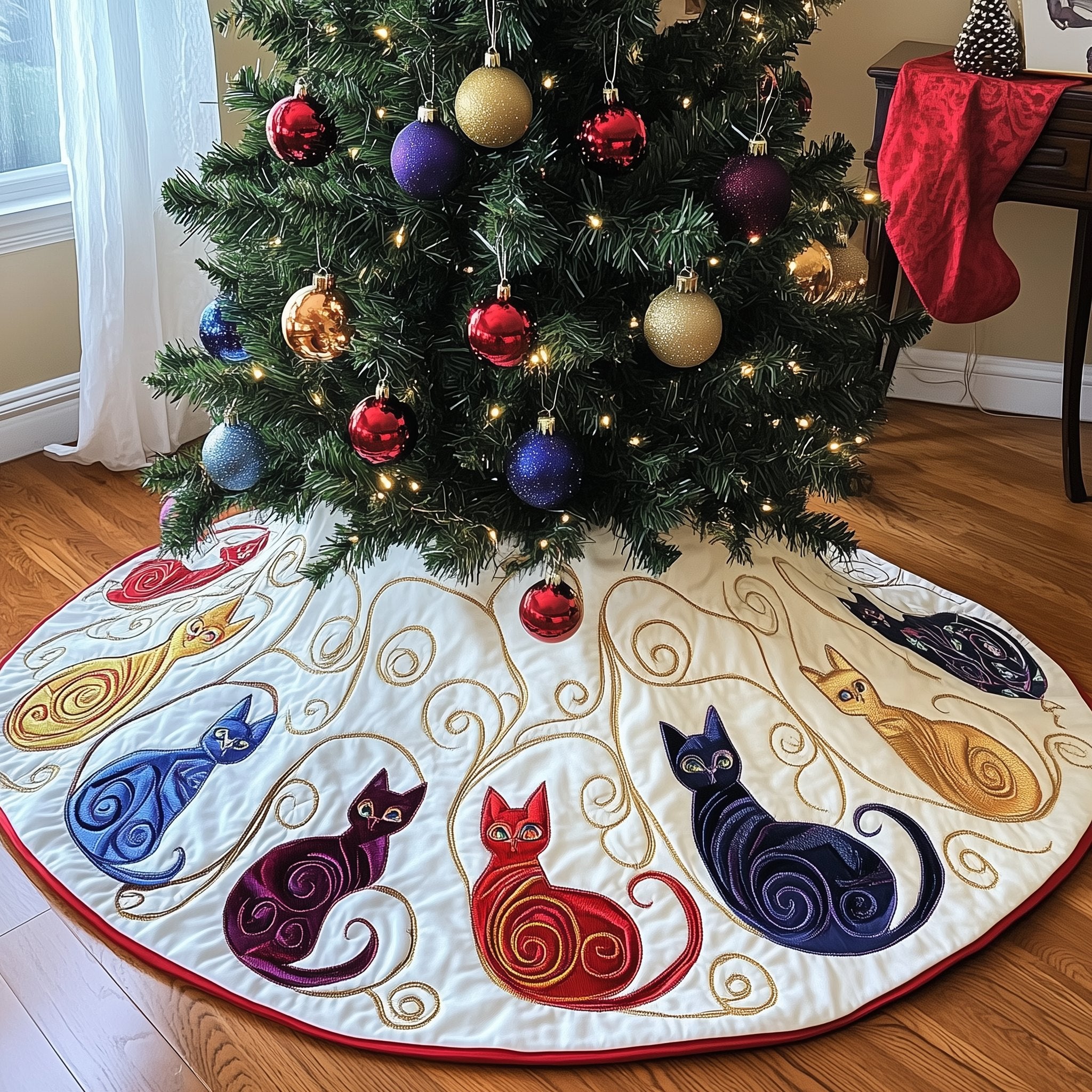 Swirl Cats with the Blue Border Christmas Tree Skirt