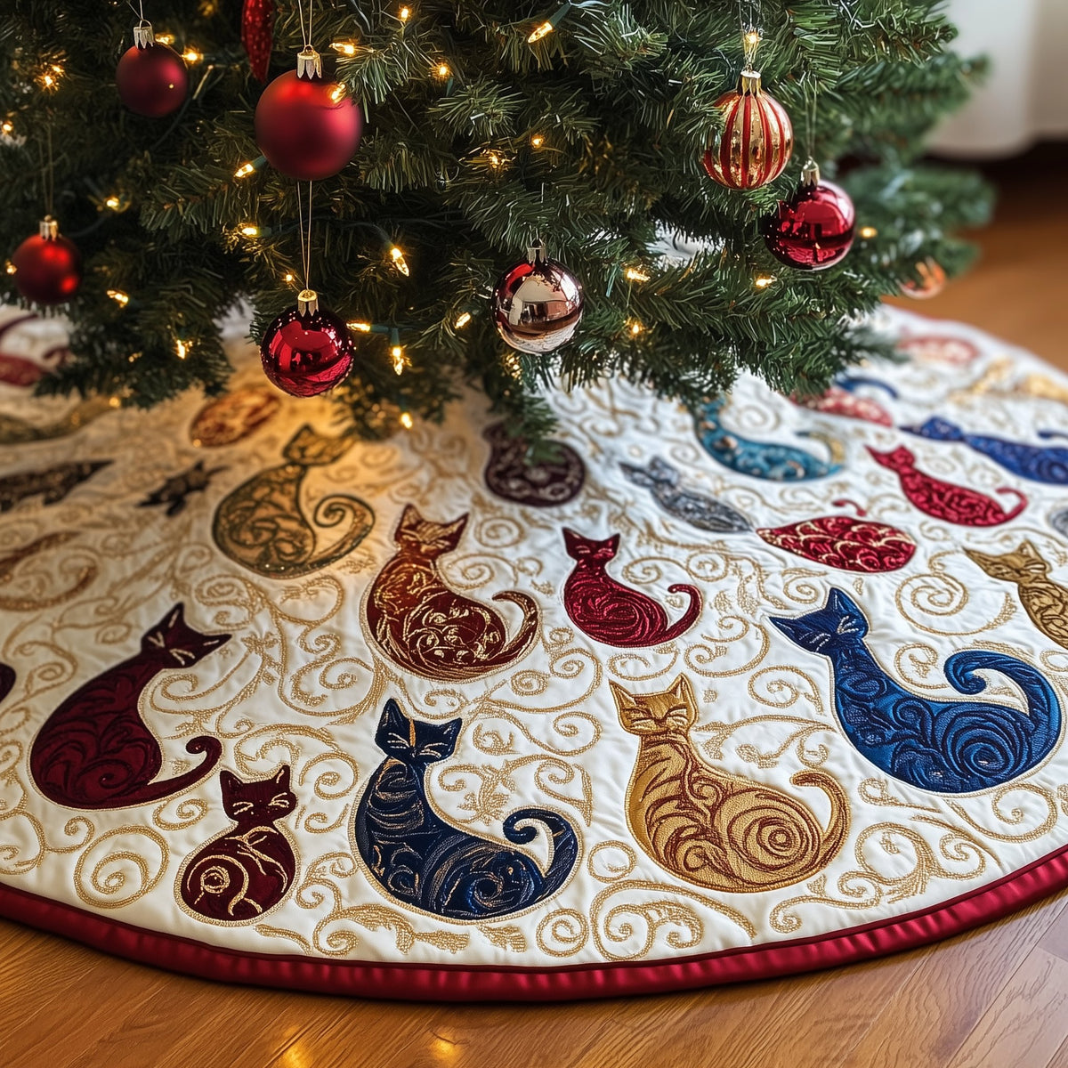Swirl Cats in Red and Cream Christmas Tree Skirt