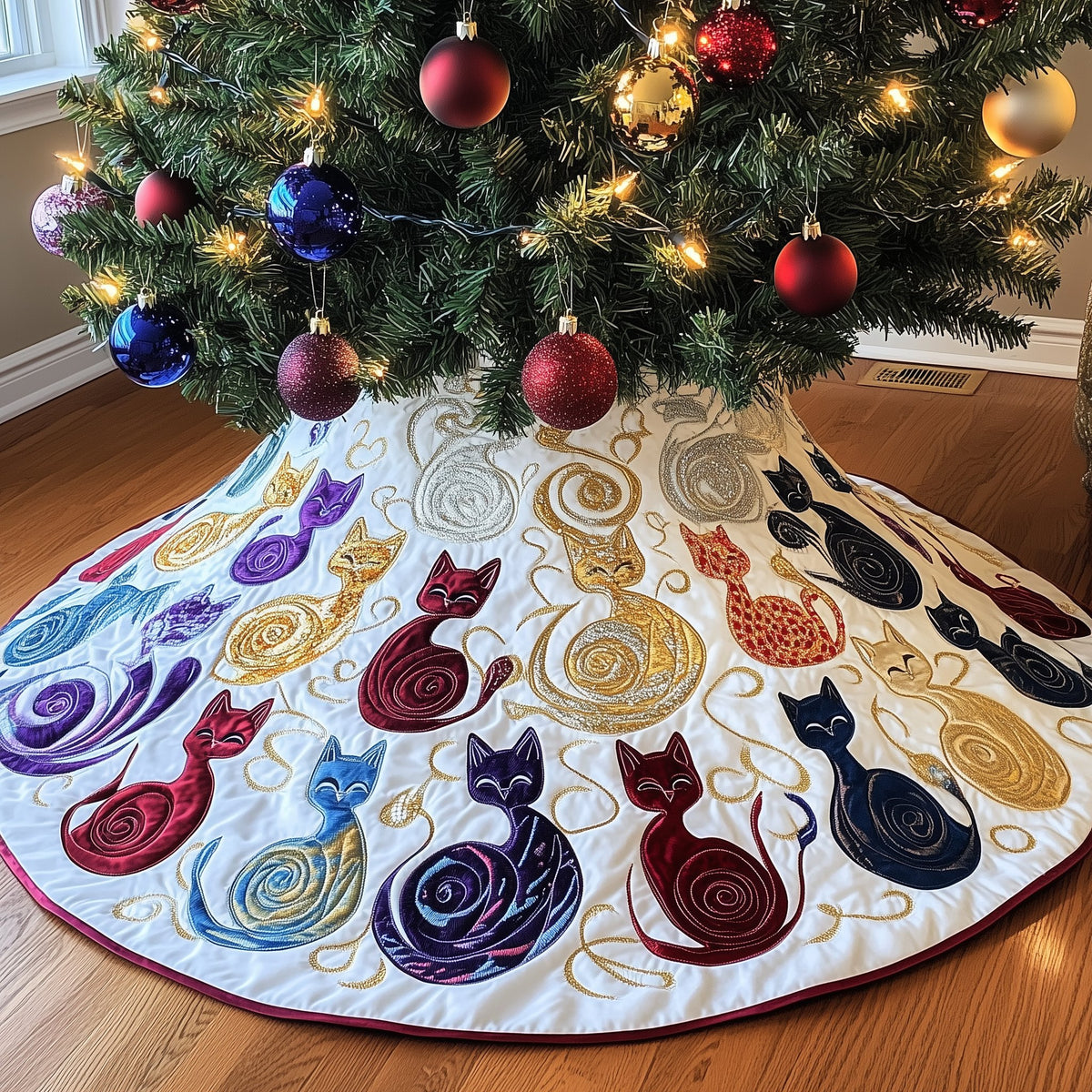 Swirl Cats in Purple and Navy Christmas Tree Skirt