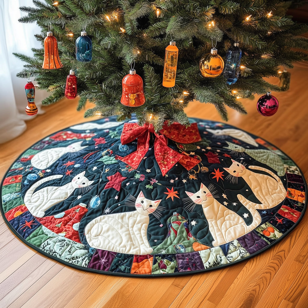 Patchwork Cats on Navy and Red Christmas Tree Skirt