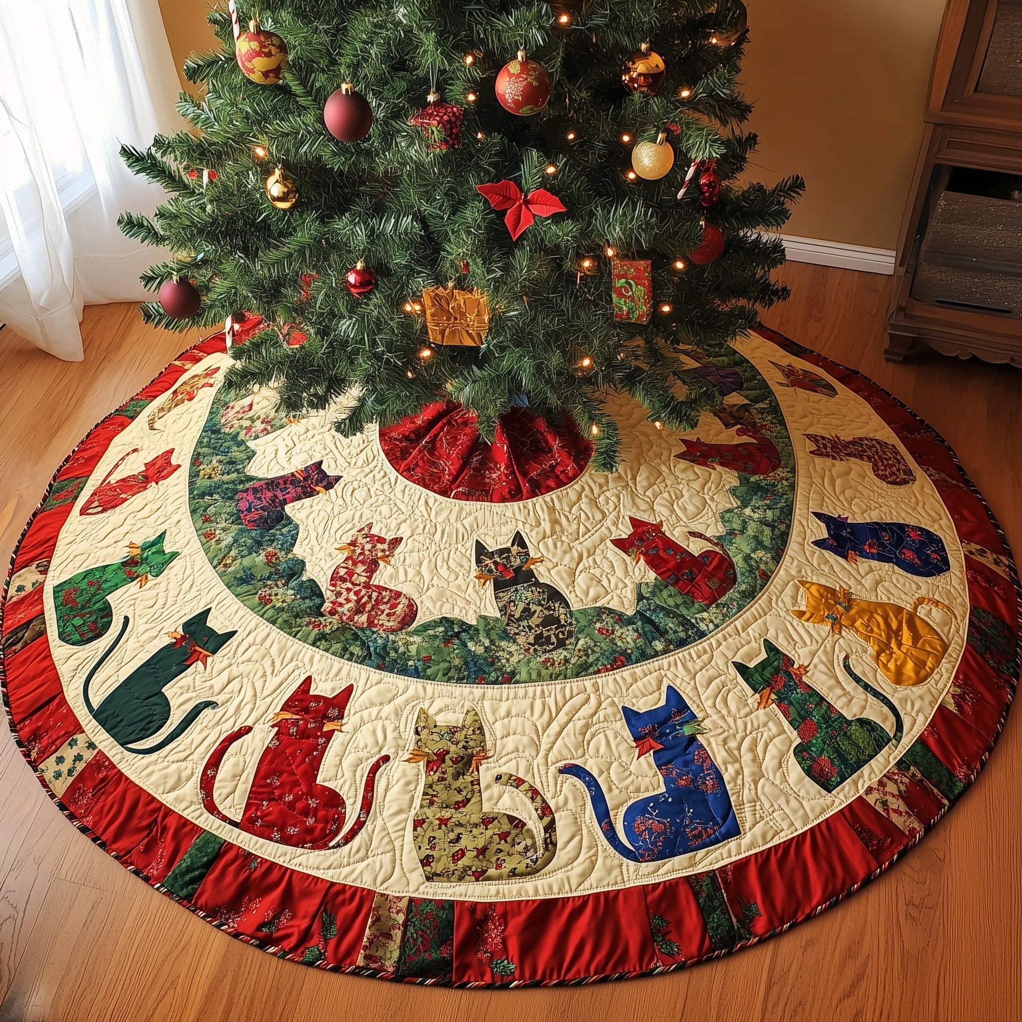 Patterned Cats on Cream Wedges Christmas Tree Skirt