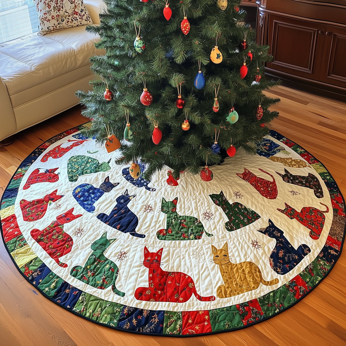Cats on Cream and Blue Wedges Christmas Tree Skirt