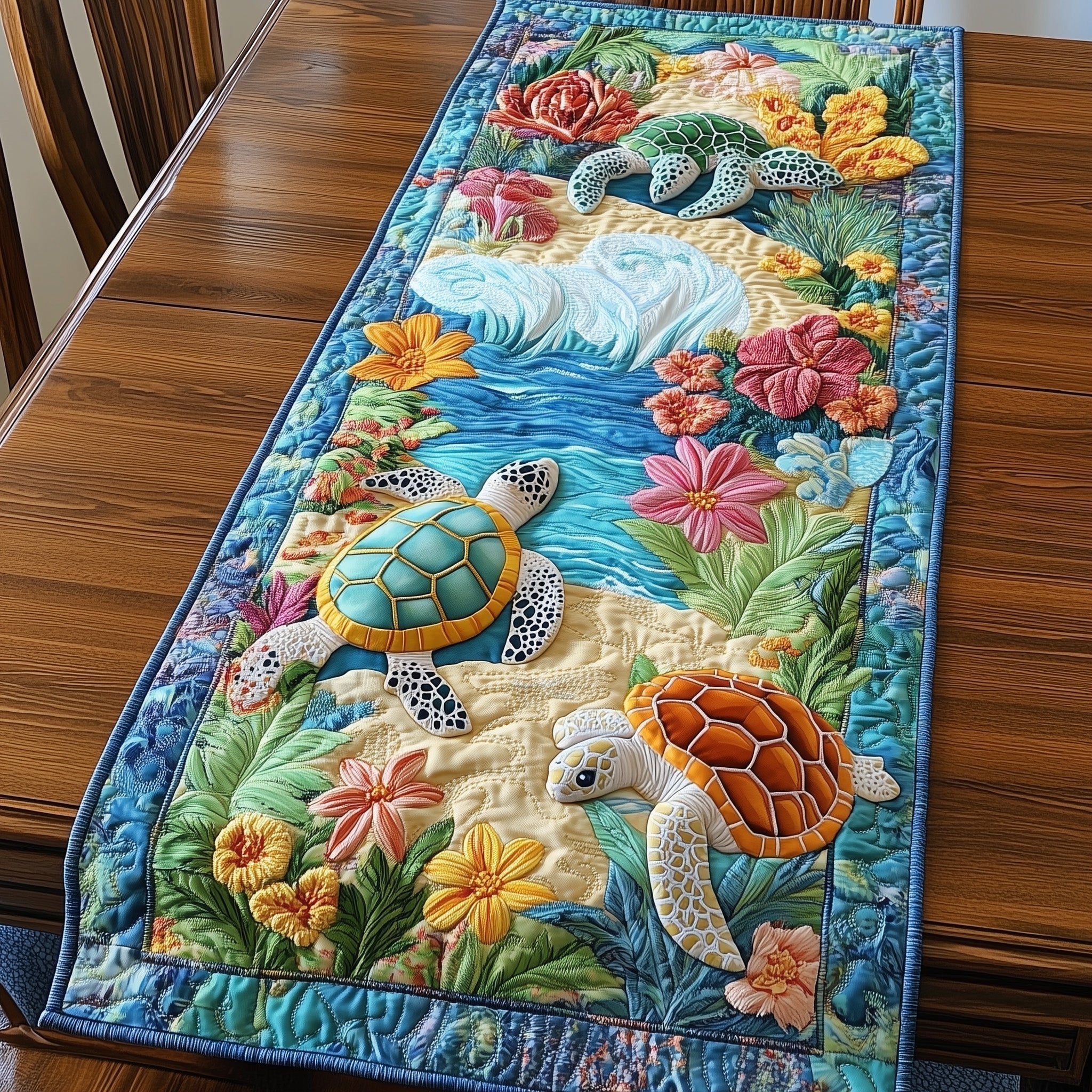Turtles with Pink Blooms on Reef Table Runner