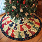 Cats on Red Cream and Navy Wedges Christmas Tree Skirt