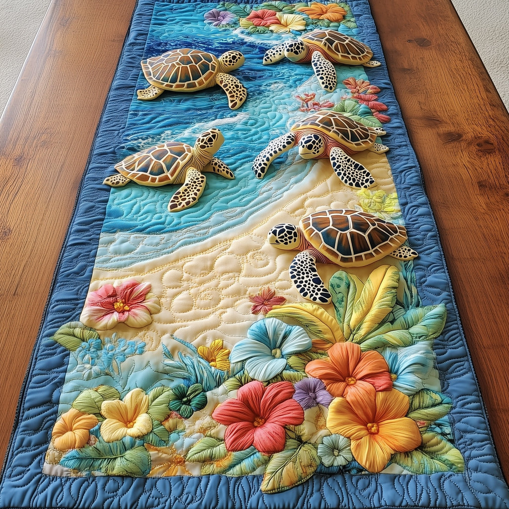Turtles with Hibiscus on Sandy Shore Table Runner