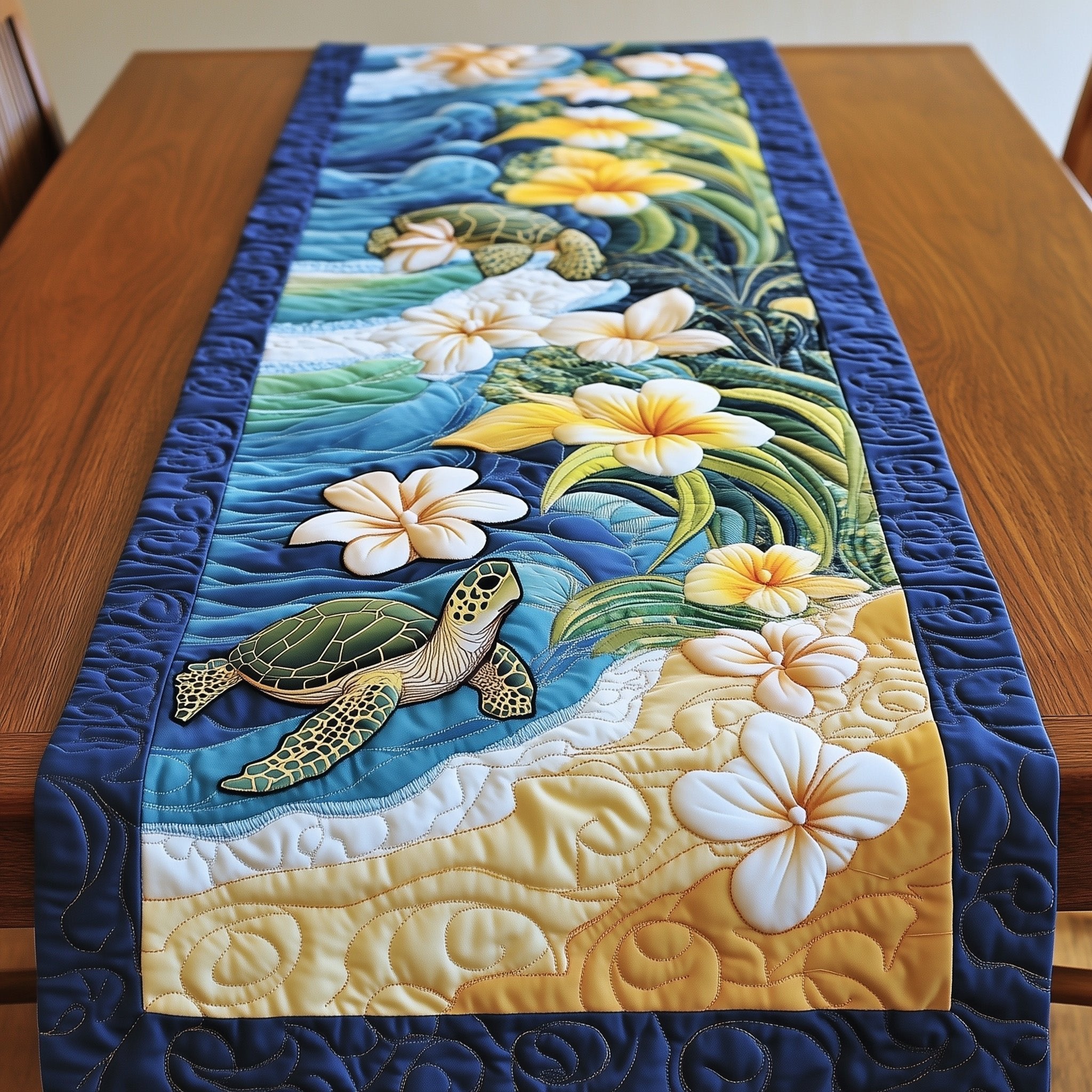 Turtles with White Plumeria on Beach Table Runner