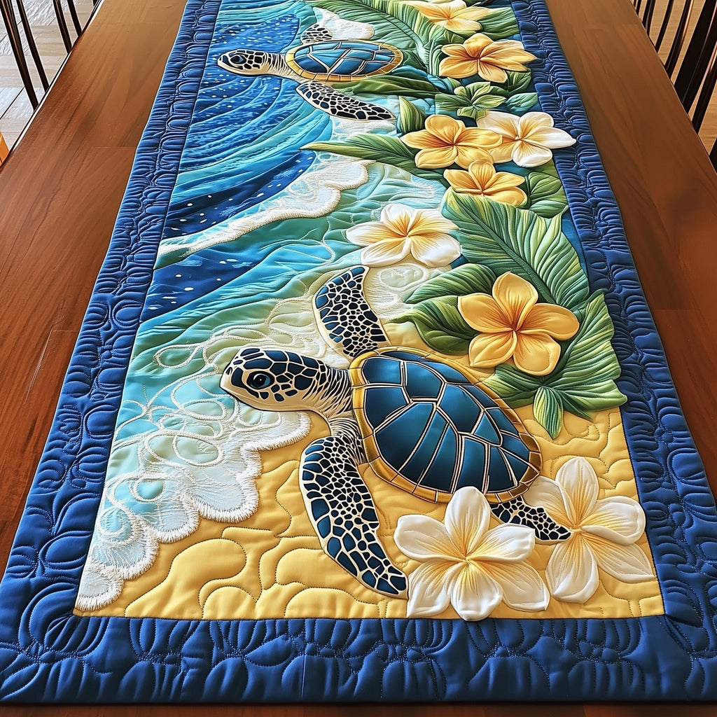 Turtle with Yellow Frangipani Flowers Table Runner
