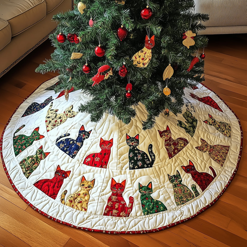 Fabric Cats with Navy Border Christmas Tree Skirt