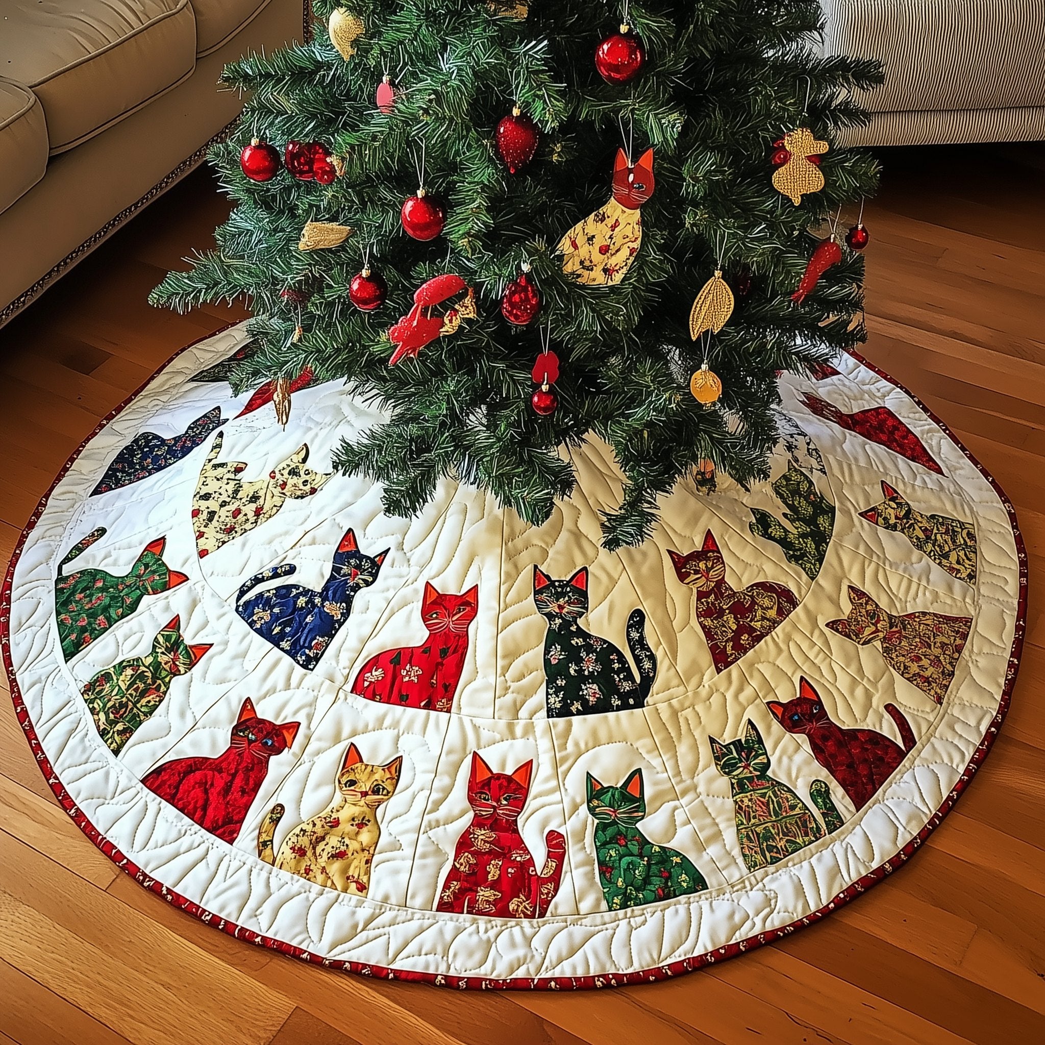 Fabric Cats with Navy Border Christmas Tree Skirt