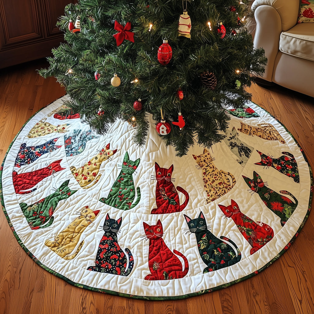 Print Cats on White Wedges Christmas Tree Skirt