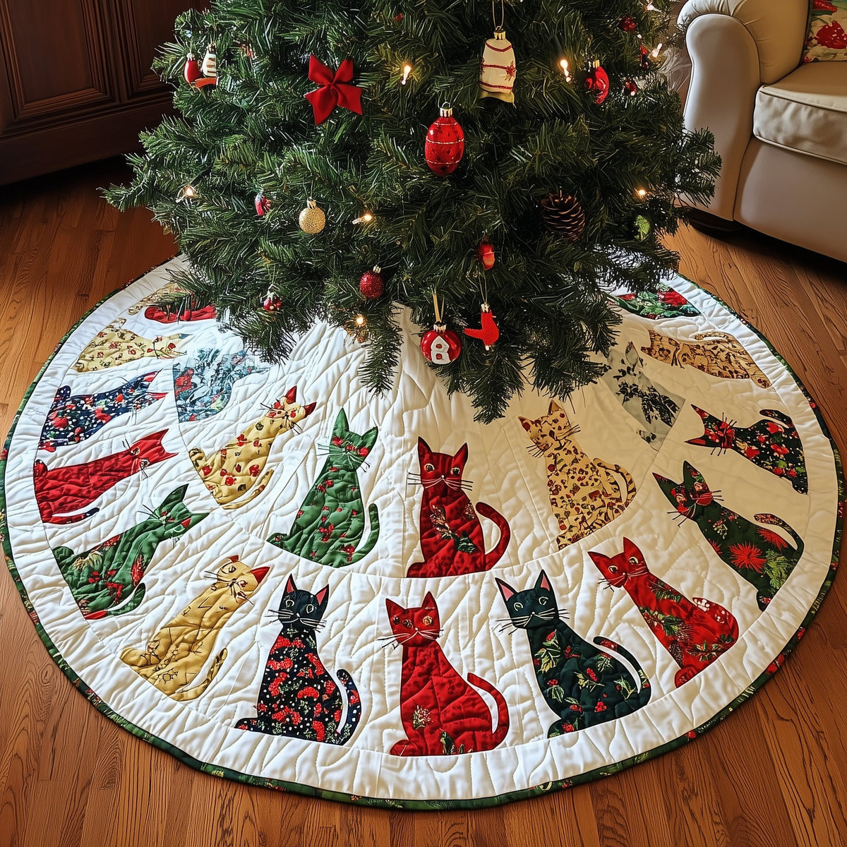 Print Cats on White Wedges Christmas Tree Skirt