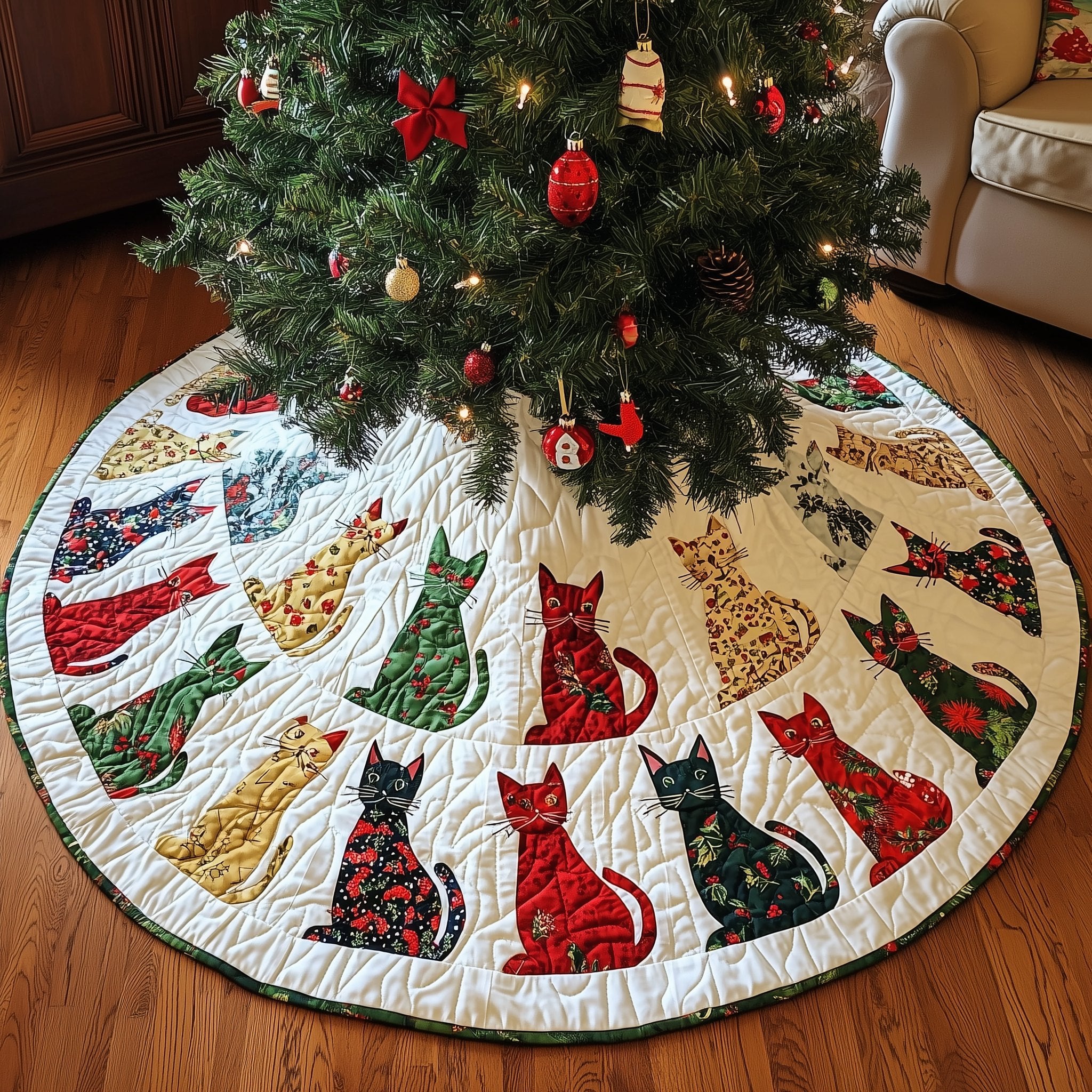 Print Cats on White Wedges Christmas Tree Skirt