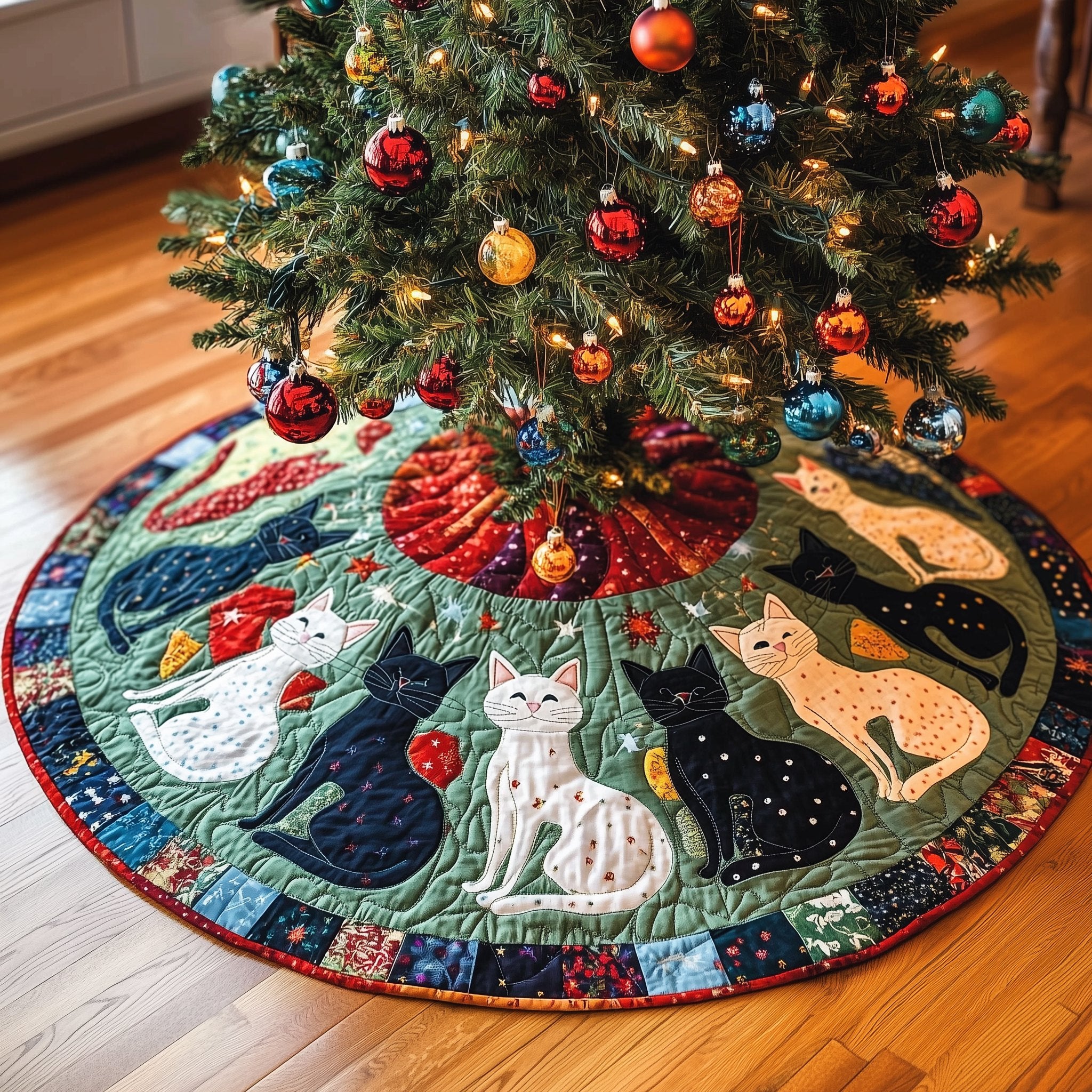 White Cat Among Navy Patchwork Cats Christmas Tree Skirt