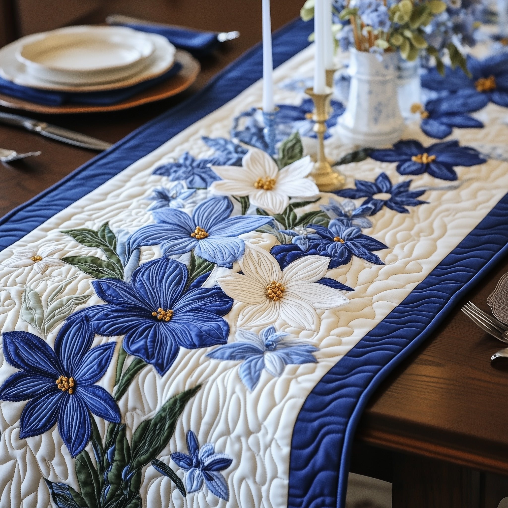 Blue and White Flowers on Navy Border Table Runner