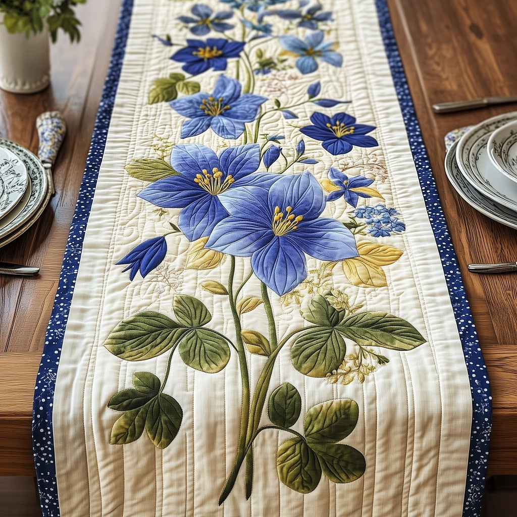 Blue Poppies with Green Leaves Table Runner