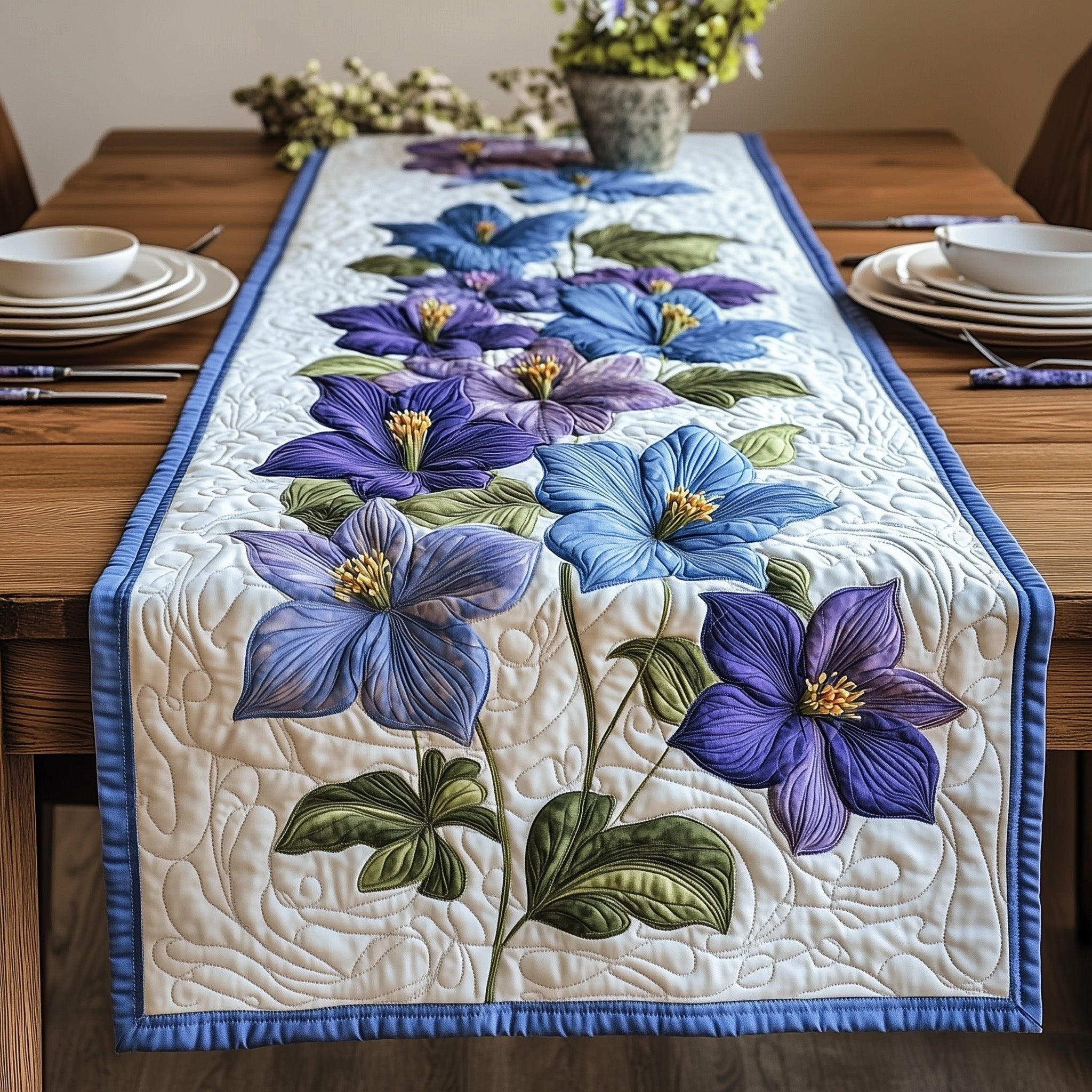 Purple and Blue Blooms on Cream Table Runner