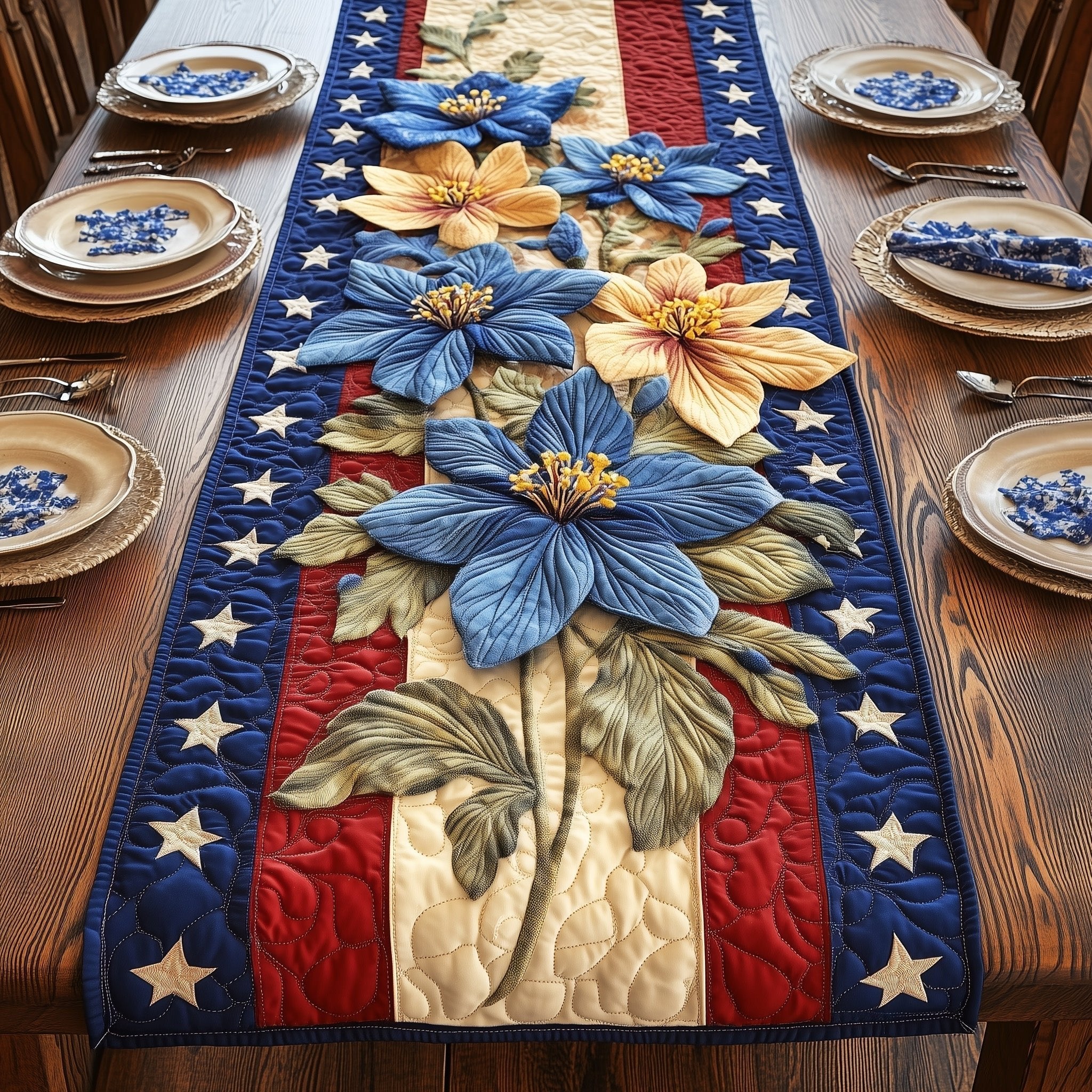 Blue Blossoms on Stars and Stripes Table Runner