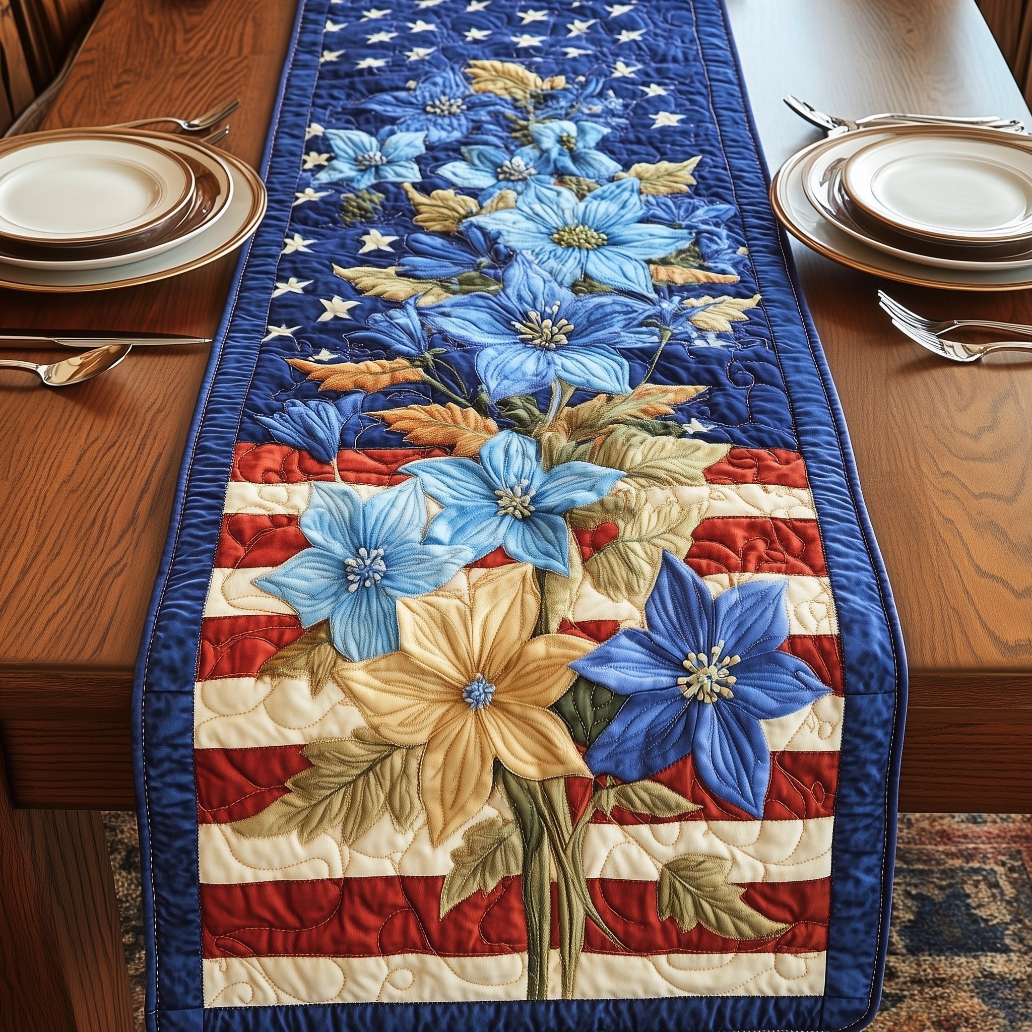 Blue and Gold Flowers on Striped Flag Table Runner