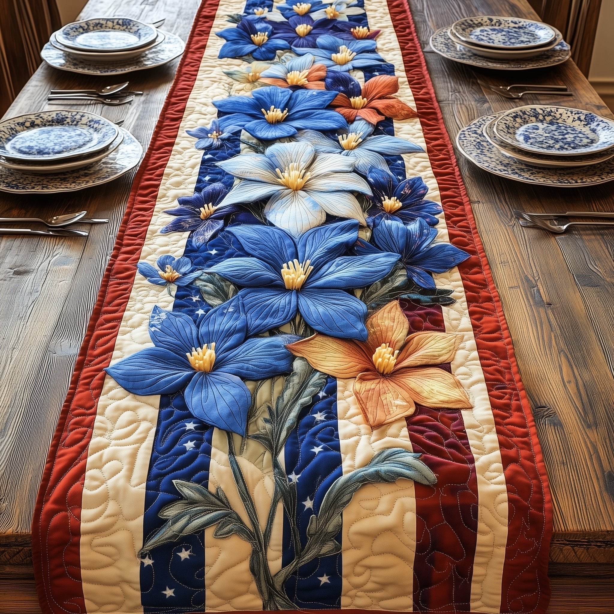 Blue Flowers on Red and White Stripes Table Runner