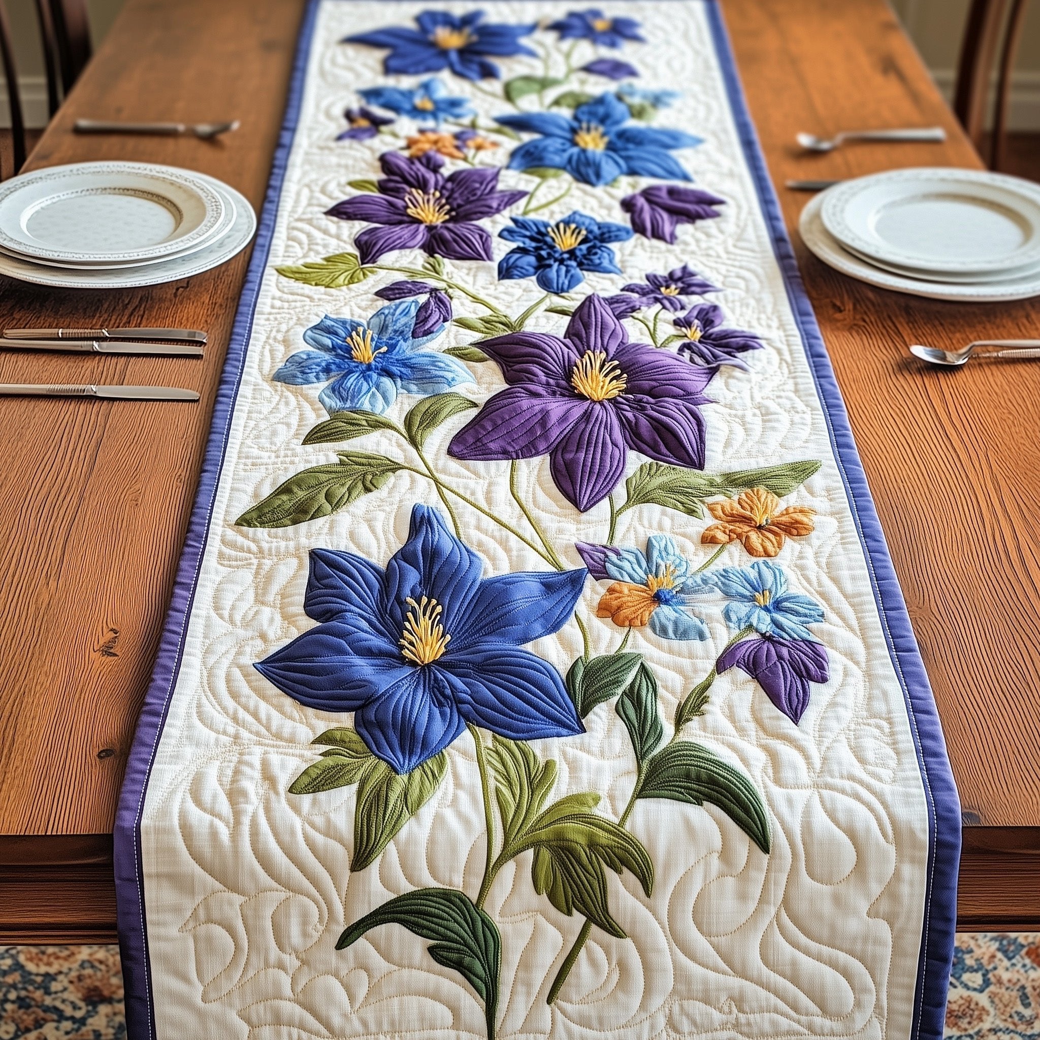 Purple and Blue Bouquet on White Table Runner