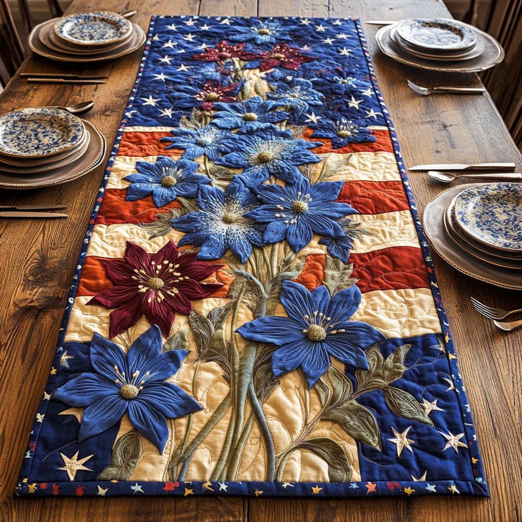 Patriotic Flowers on Stars and Stripes Table Runner