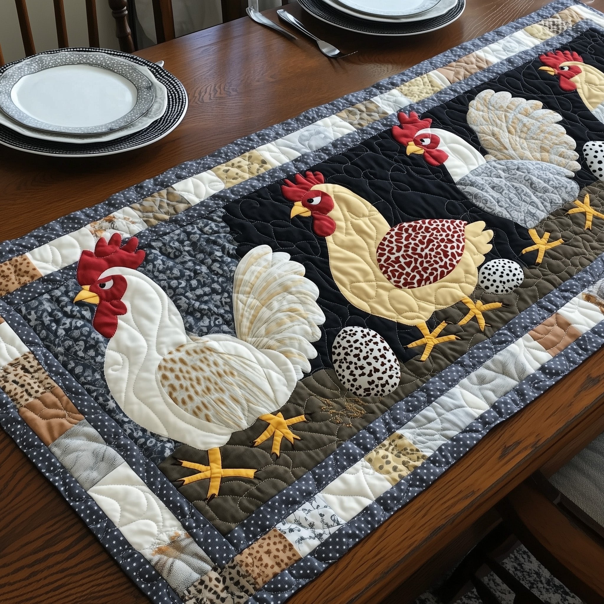 White Hens on Grey Check Border Table Runner