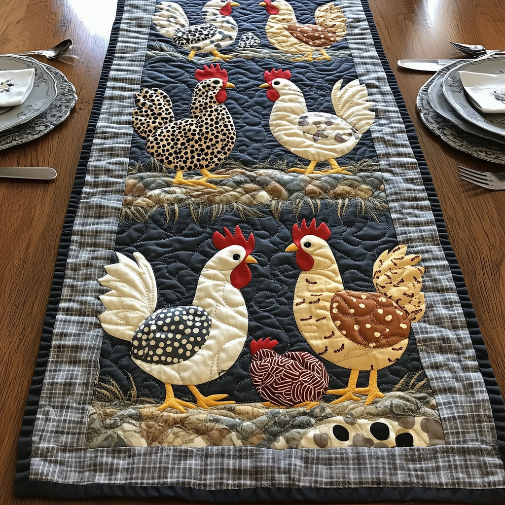 Speckled Hens on Plaid Frame Table Runner