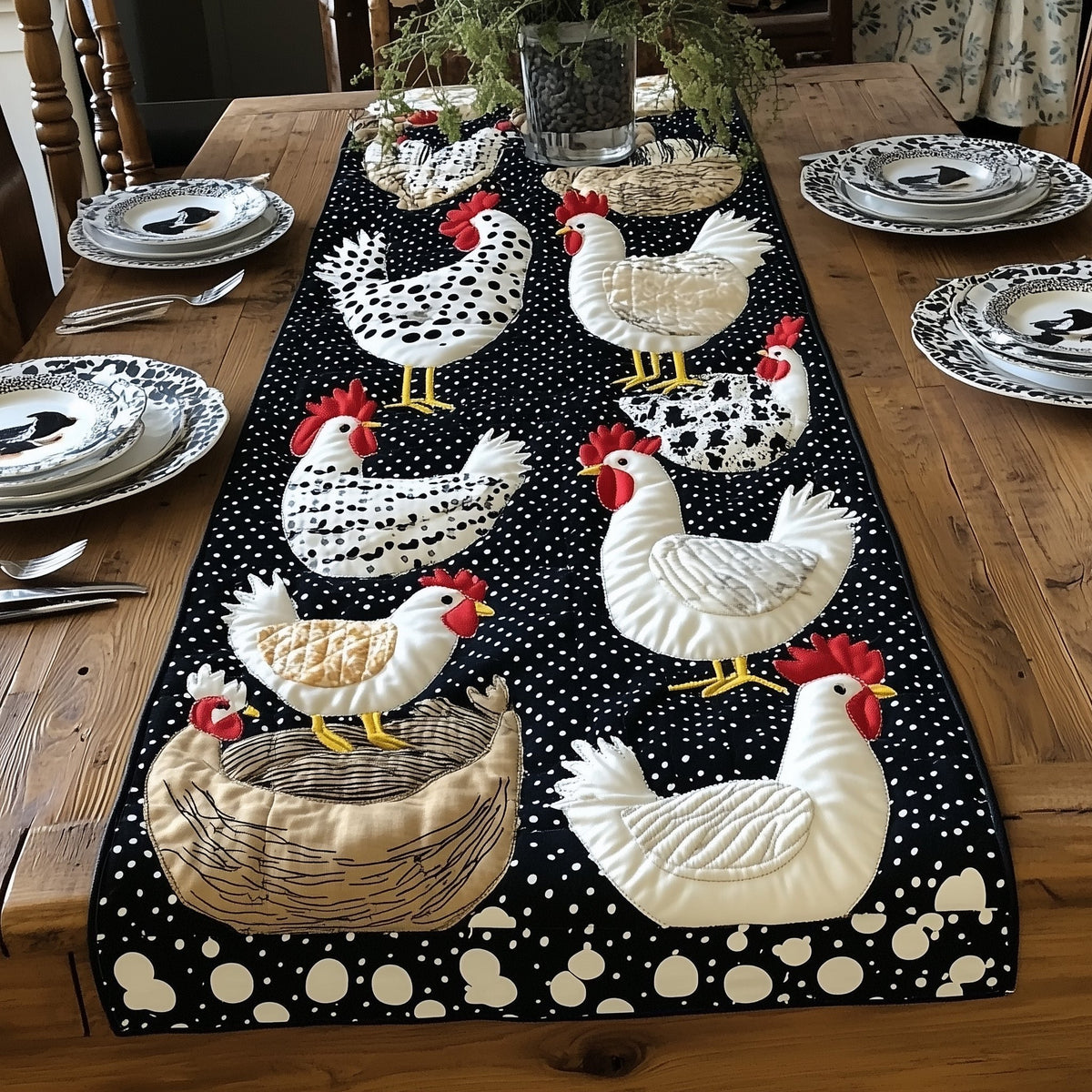 White Chickens with Nest Basket Table Runner