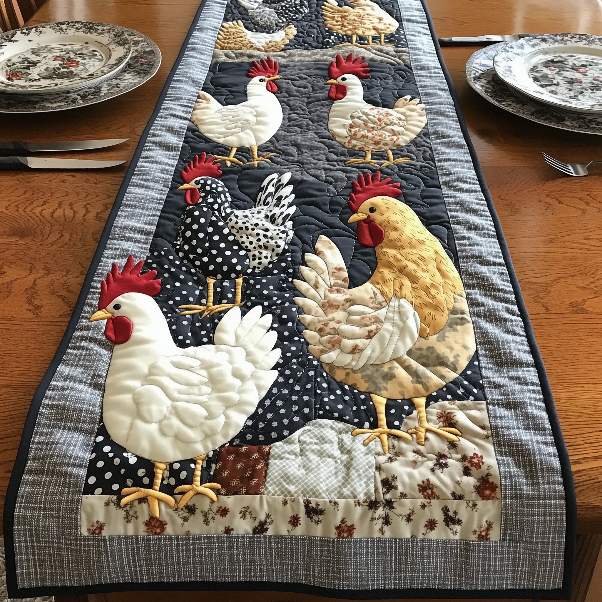Hens and Roosters on Grey Plaid Table Runner