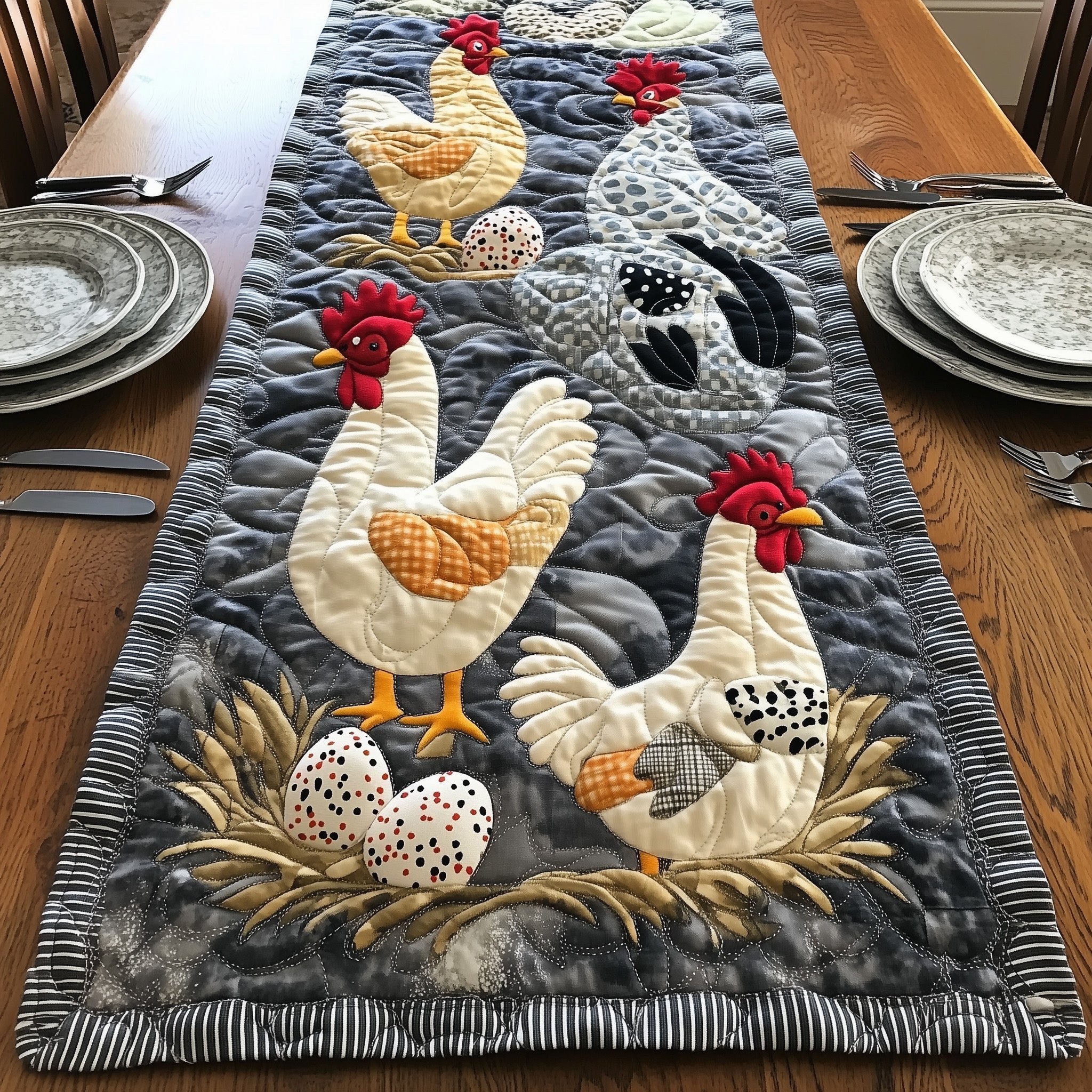 Rooster and Hen with Eggs Table Runner