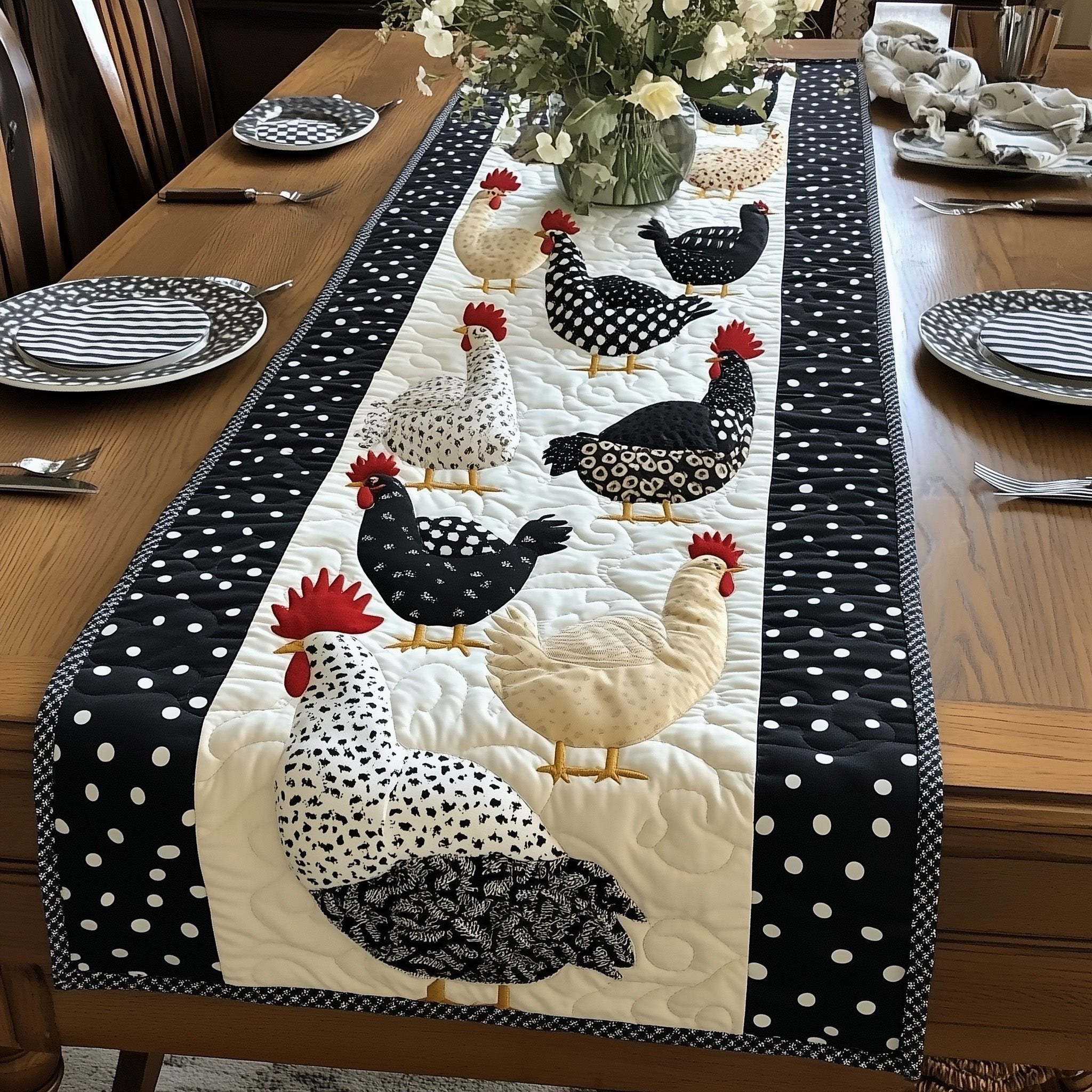 Hens on Black Polka Dot Border Table Runner