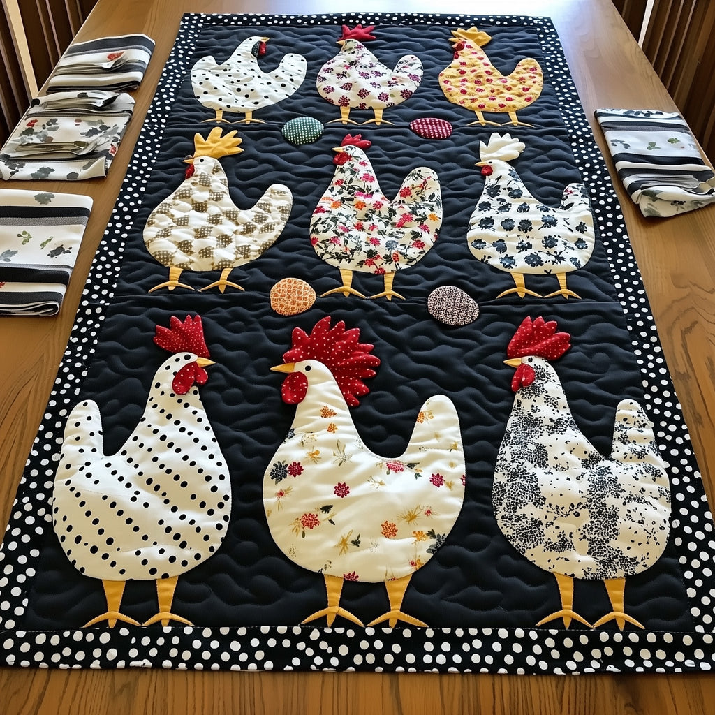 Rows of Patterned White Chickens Table Runner