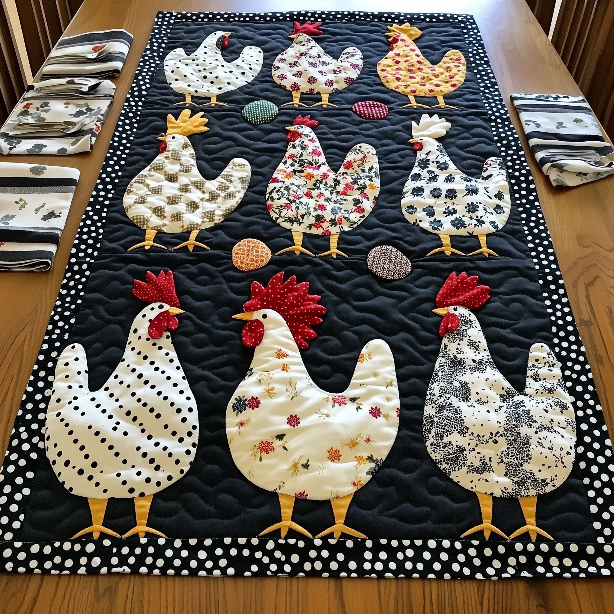 Rows of Patterned White Chickens Table Runner