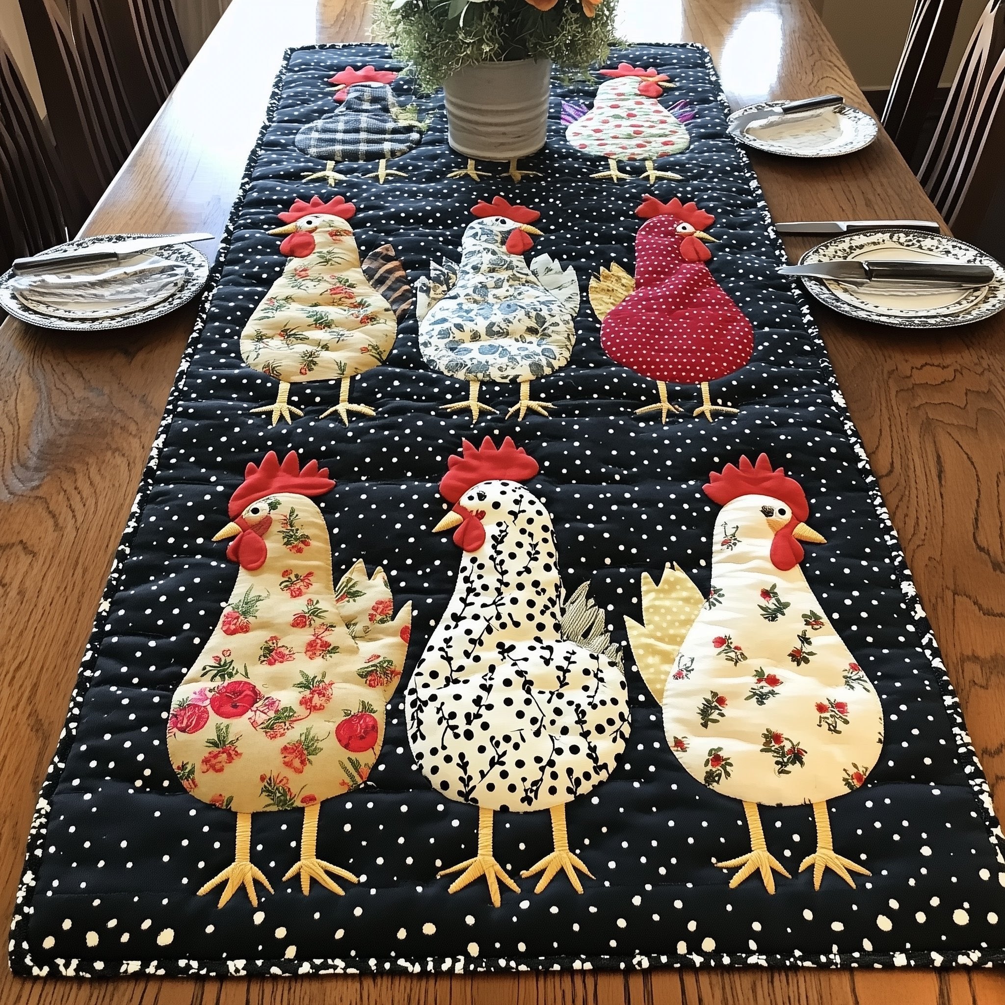 Floral Print Chickens on Black Table Runner