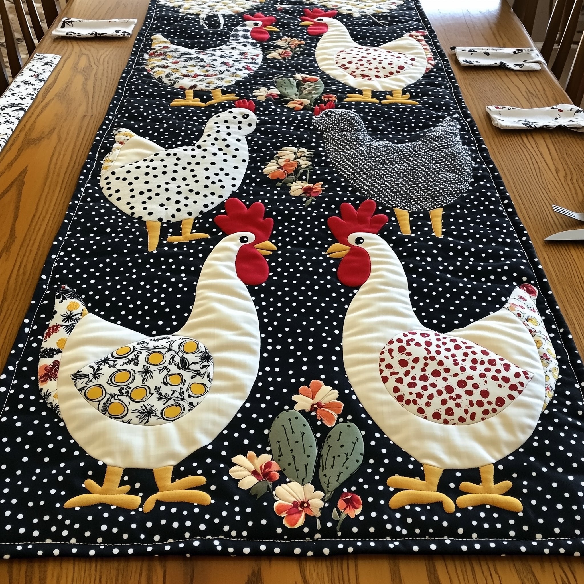 Hens with Eggs on Black Dots Table Runner