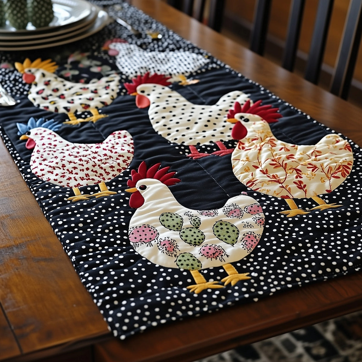 Chickens with Egg Nest on Navy Table Runner