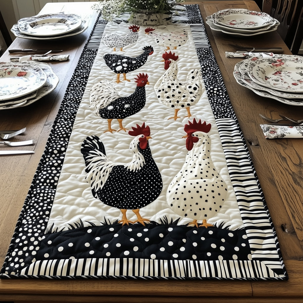 Black and White Hens with Stripes Table Runner
