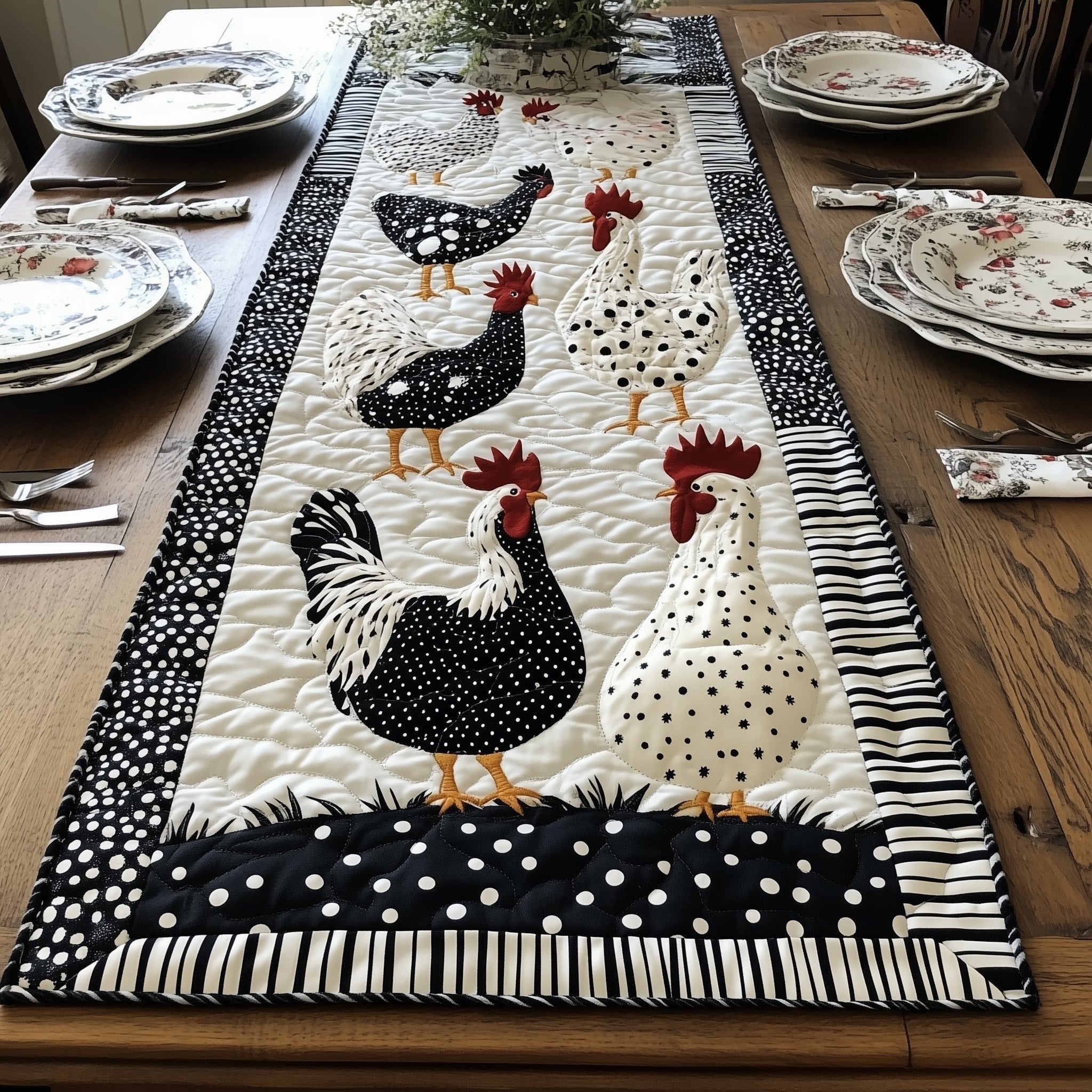 Black and White Hens with Stripes Table Runner