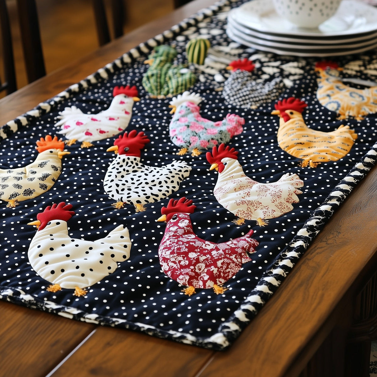 Scattered Patterned Hens on Dots Table Runner