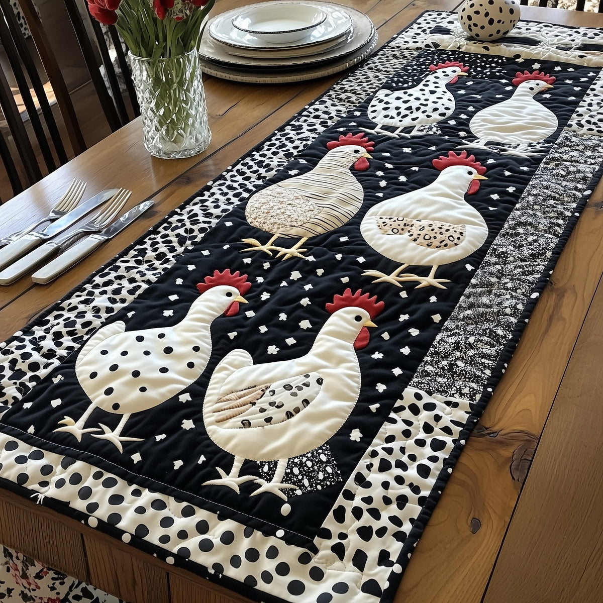 White Hens on Black and White Dots Table Runner
