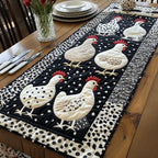White Hens on Black and White Dots Table Runner