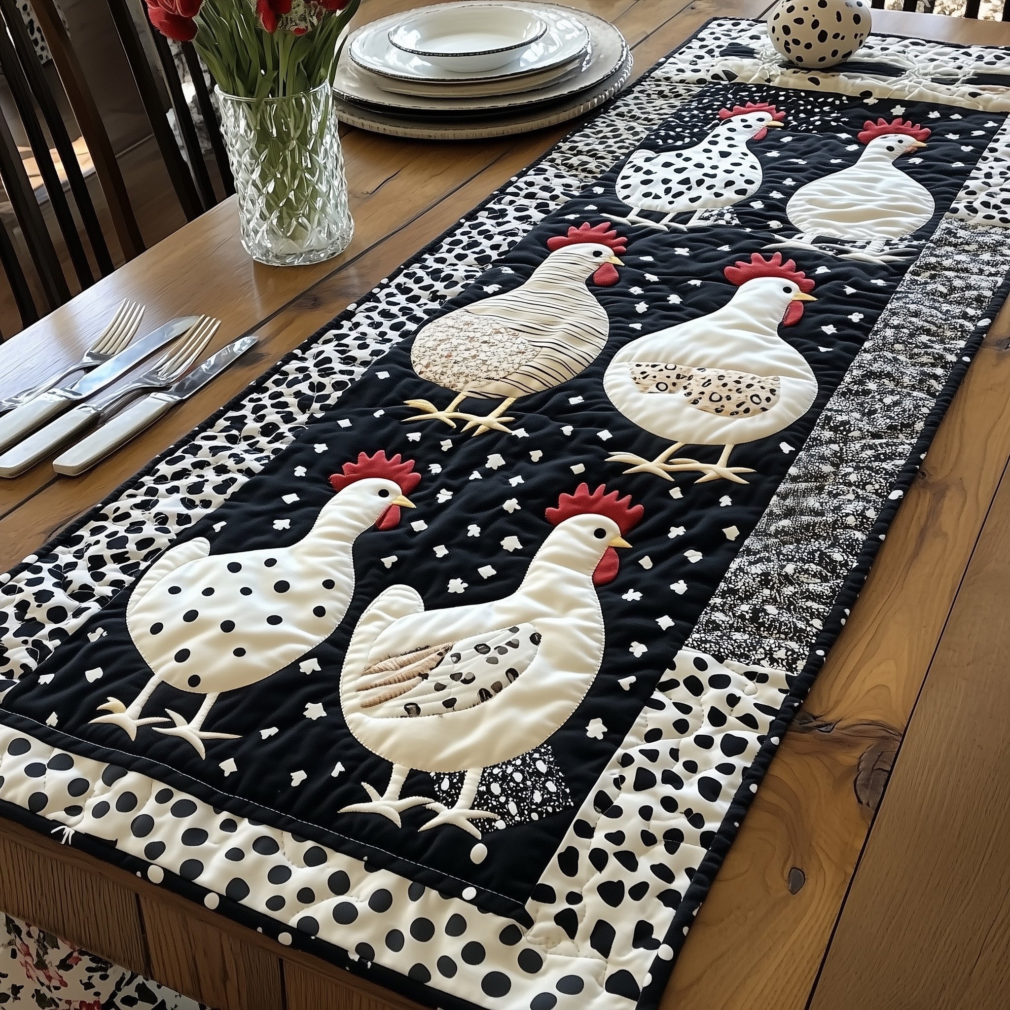 White Hens on Black and White Dots Table Runner