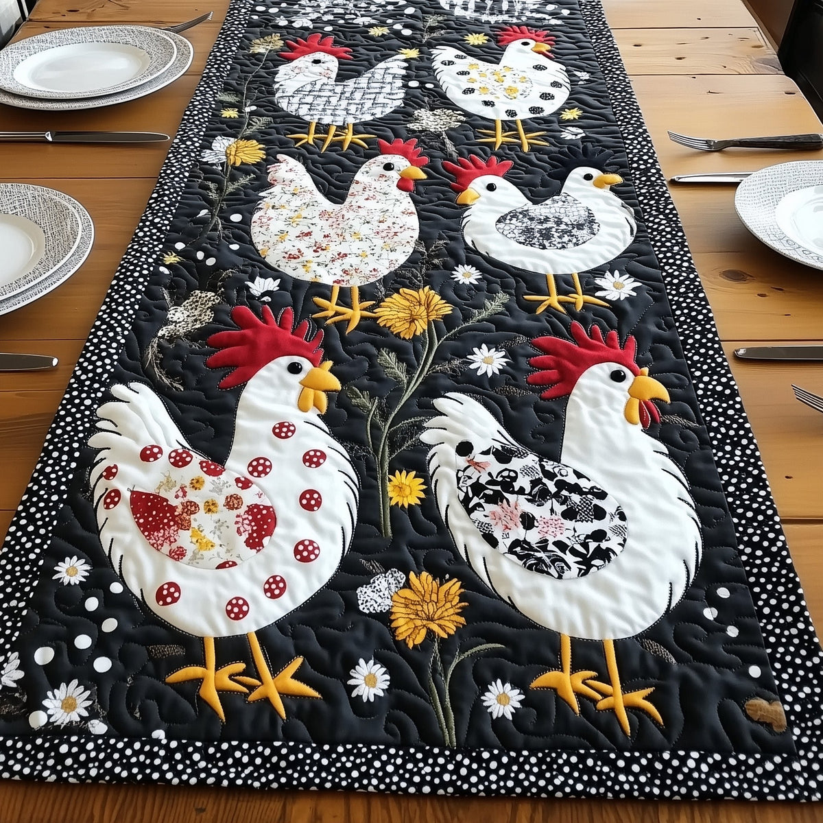 Chickens with Daisies on Black Table Runner
